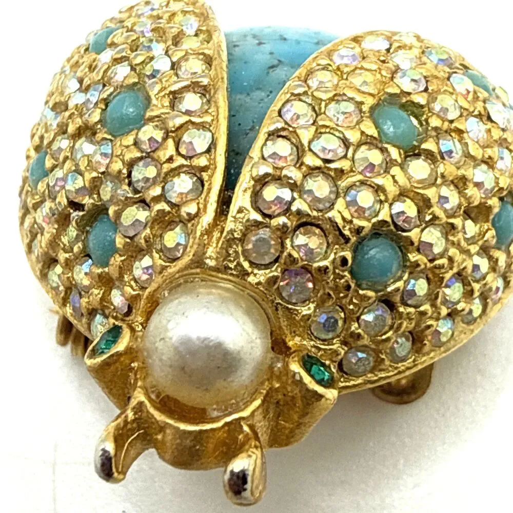 Vintage Unsigned Hattie Carnegie Ladybug Brooch Gold Tone Blue Body Beetle 1.25